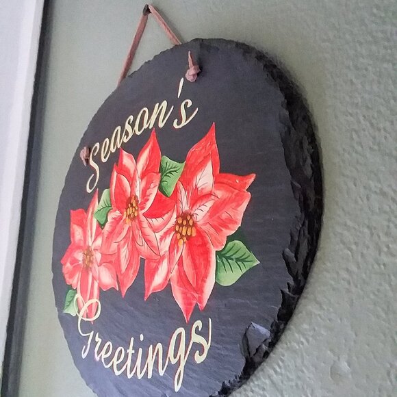 Christmas Painted Slate "Season's Greetings" Red Poinsettias 12 3/4" x 9 3/4" - Picture 6 of 10